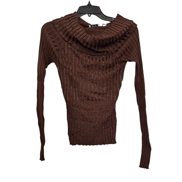 Caché Brown Cowl Neck Sweater Womens M Nylon/Rayon Ribbed Studded Detail Long Sl - Picture 1 of 7